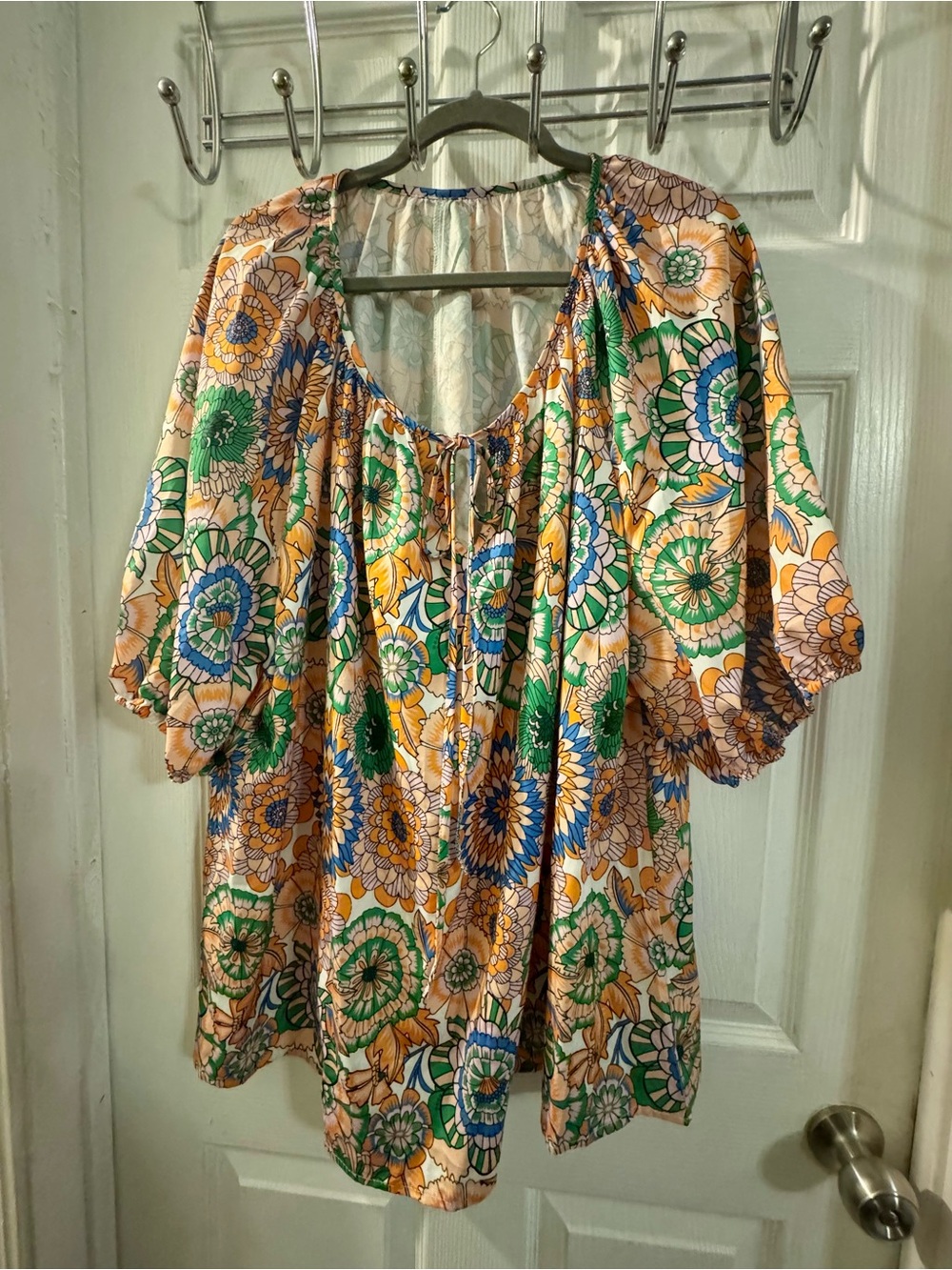 SHEIN Multicolor Floral Peasant Tunic in Green, Blue & Yellow